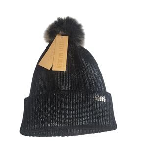NWT Steve Madden Womens Black Faux Fur Pom Foiled Waxed Winter Beanie Hat